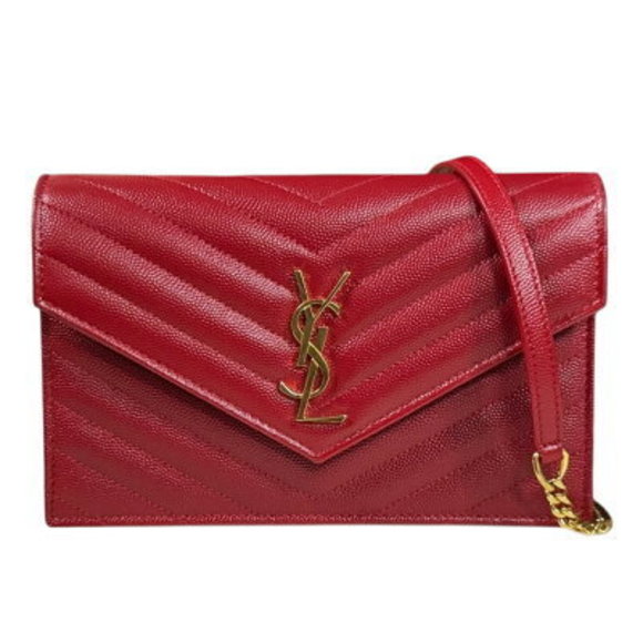 Saint Laurent Envelope Shoulder Bag Leather Red Chain Wallet - Picture 1 of 9